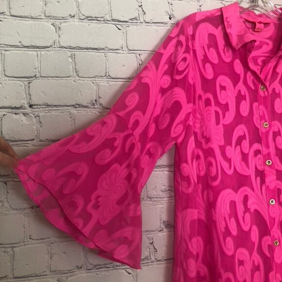Lilly Pulitzer Linley Coverup Size M Pink Shandy Poly Crepe Swirl - Picture 3 of 7